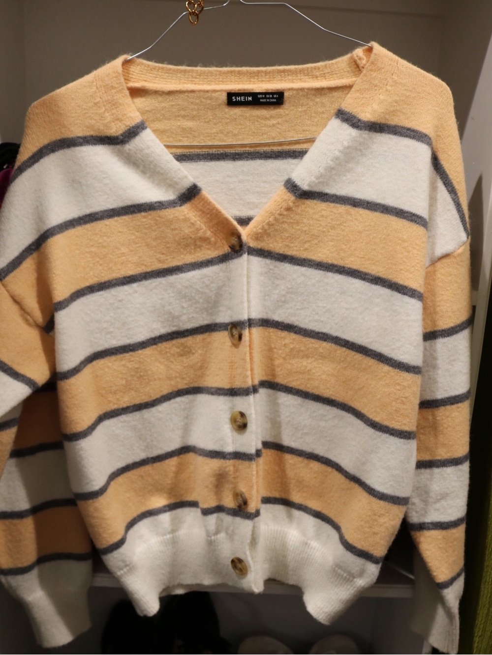 SHEIN Cream and Yellow Striped Button-Front Cardigan